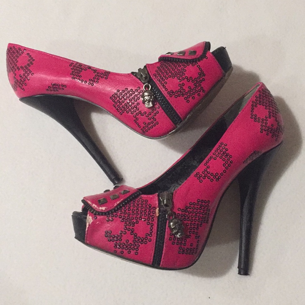 💀 Iron Fist Pink Sequin Skull Stilleto Heels 💀